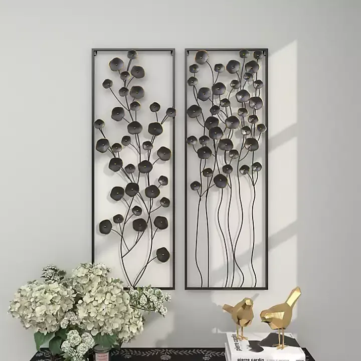 Black Metal Floral Wall Plaques, Set of 2