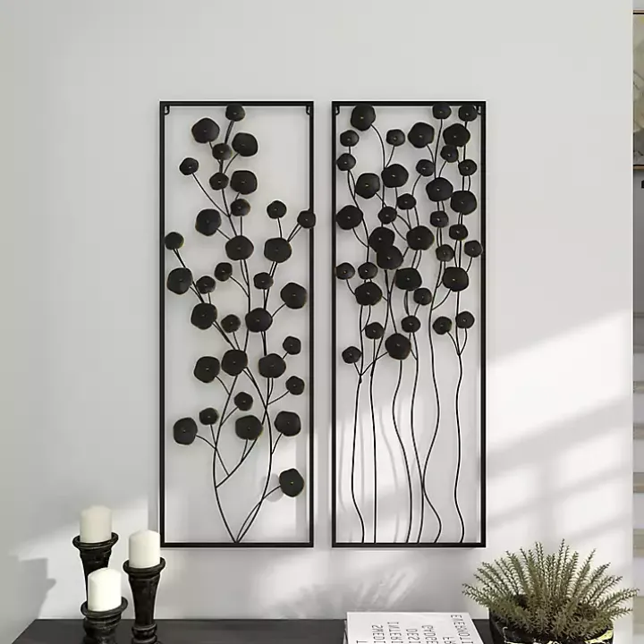 Black Metal Floral Wall Plaques, Set of 2
