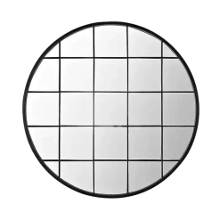 Black Metal Grid Frame Round Wall Mirror