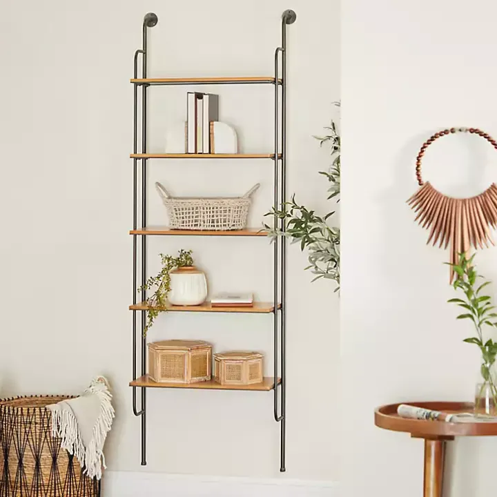 Black Metal Pipe Frame Brown Wood Wall Shelf