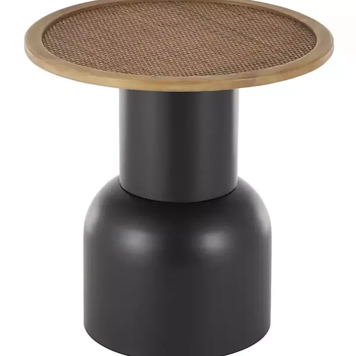Black Metal Rattan Pedestal Accent Table, 19 in.