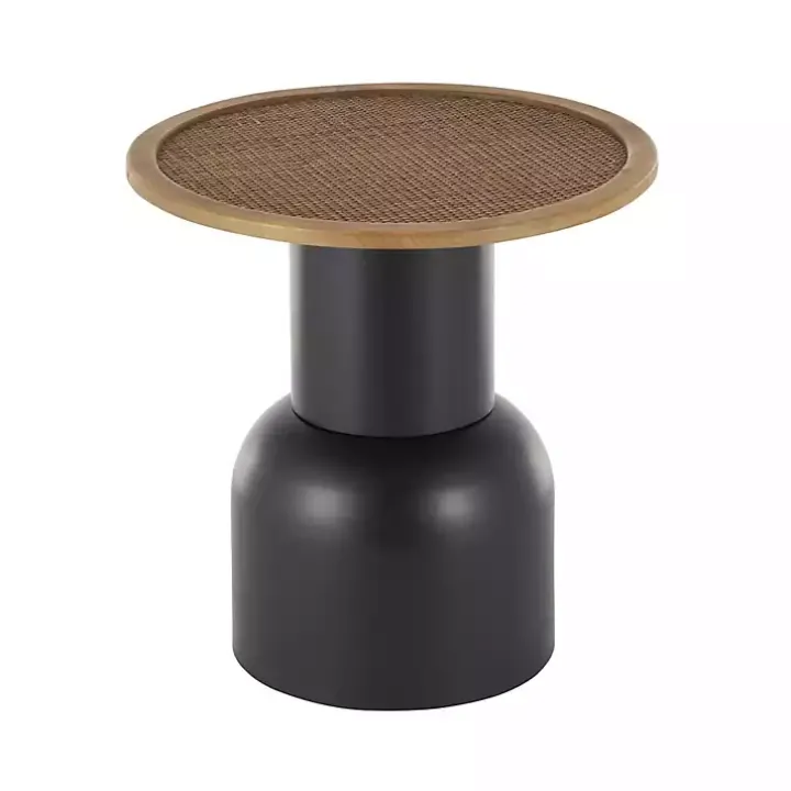 Black Metal Rattan Pedestal Accent Table, 19 in.