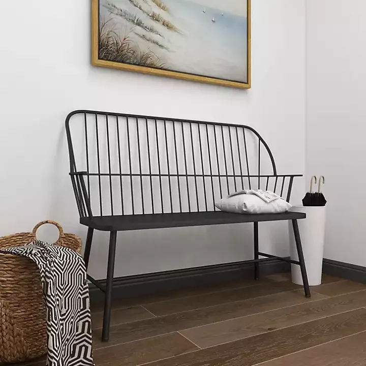 Black Metal Slatted Back Outdoor Bench