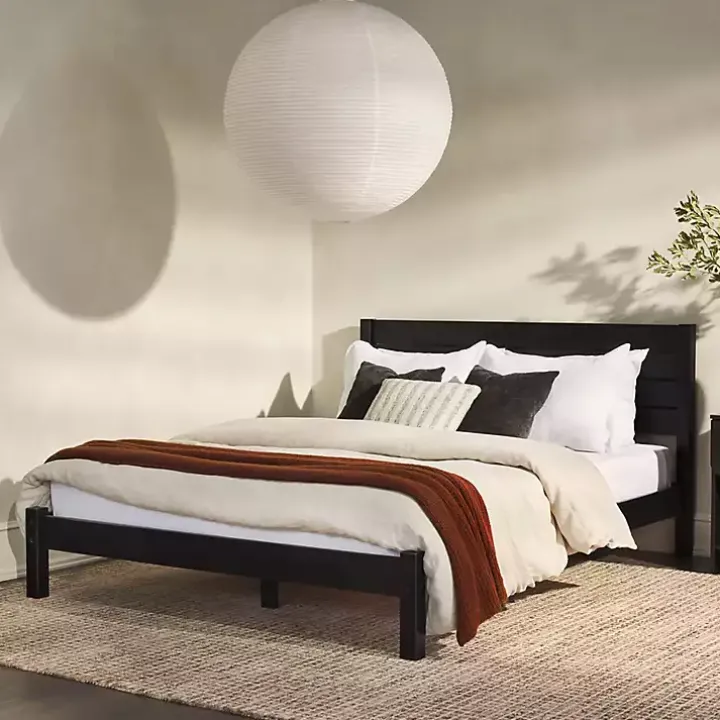 Black Pine Wood Slatted Headboard Queen Bed