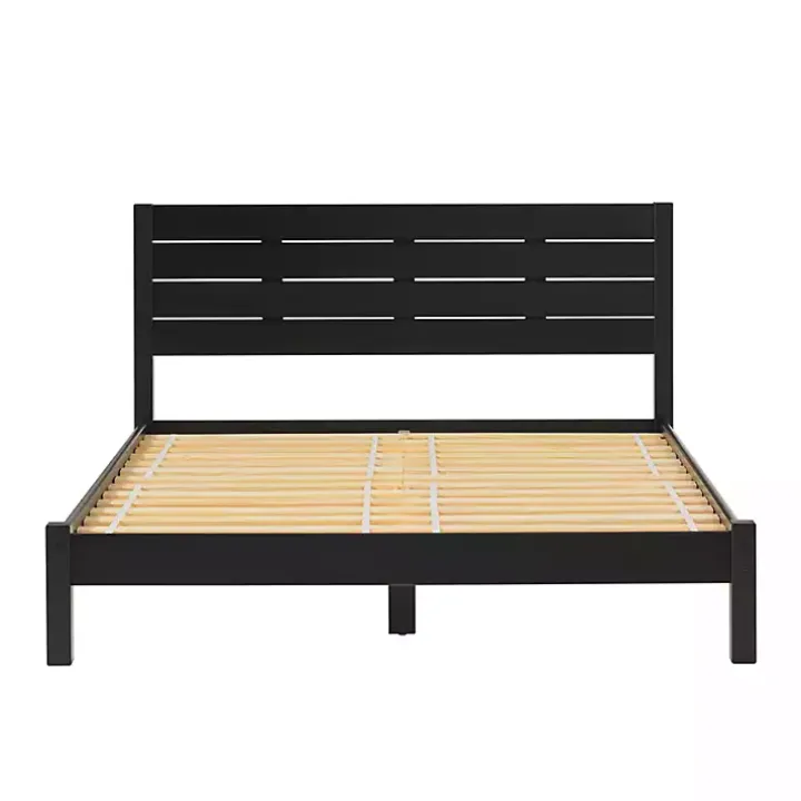 Black Pine Wood Slatted Headboard Queen Bed