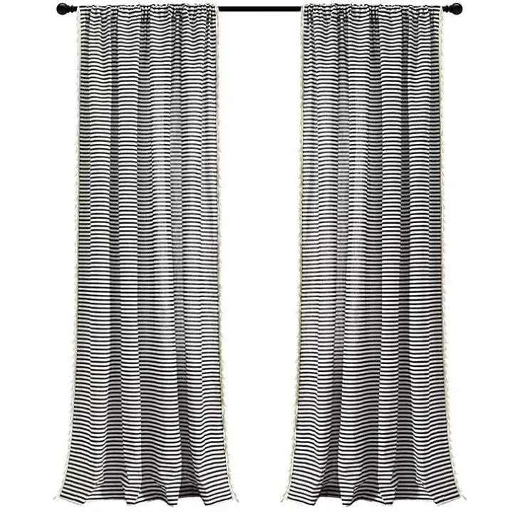 Black Striped Tassel Curtain Panel Set, 84 in.
