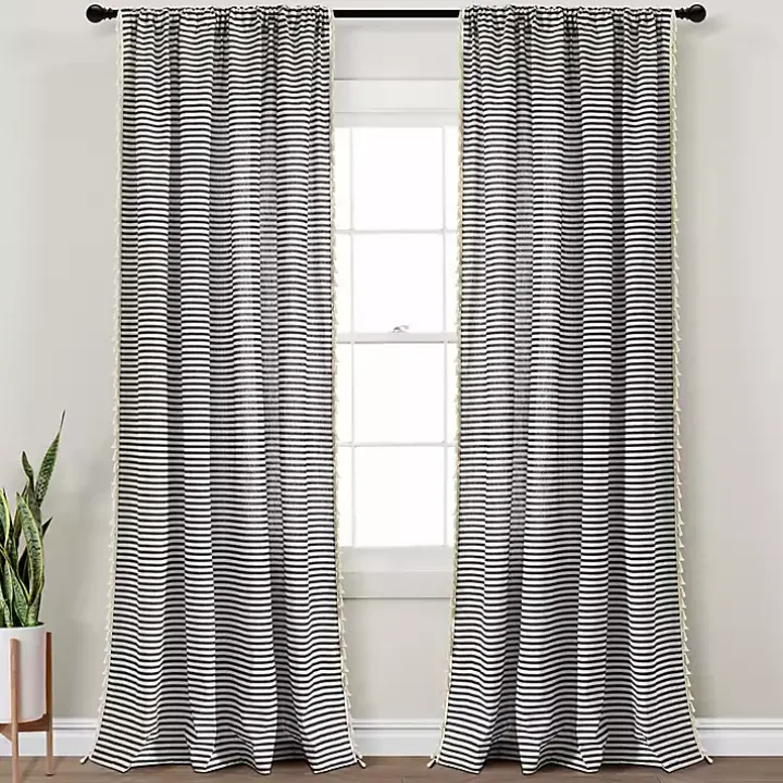 Black Striped Tassel Curtain Panel Set, 84 in.