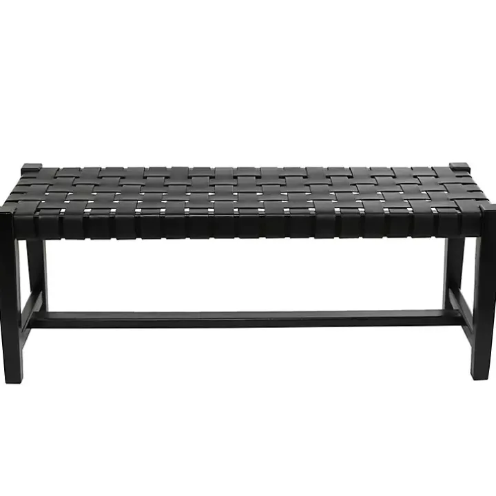 Black Teak Wood and Leather Bench