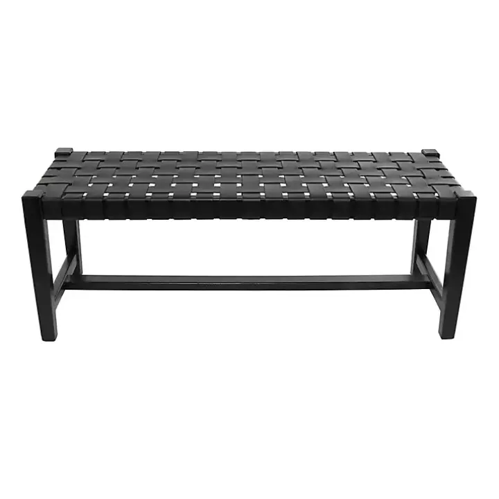 Black Teak Wood and Leather Bench