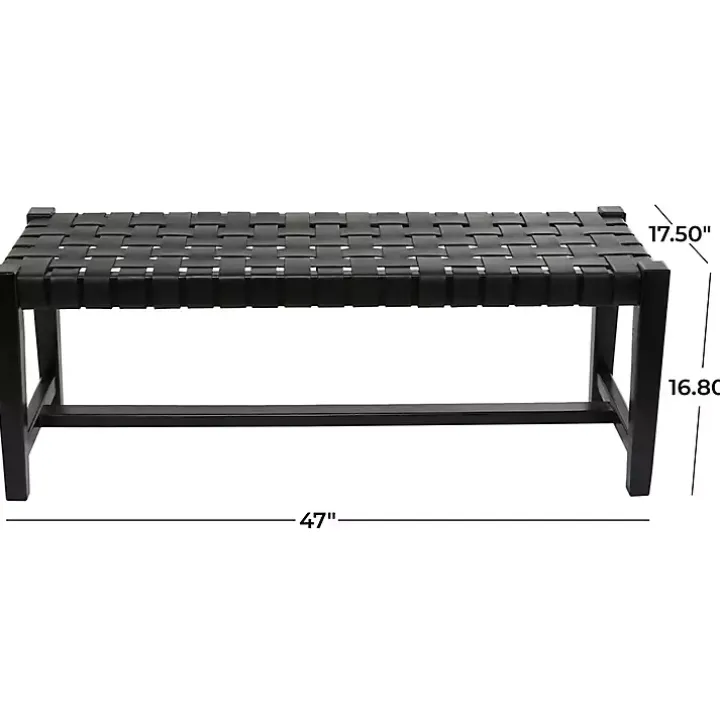 Black Teak Wood and Leather Bench