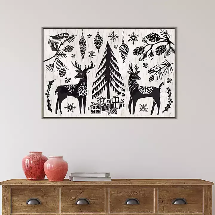Black White Winter Reindeer Framed Art Print