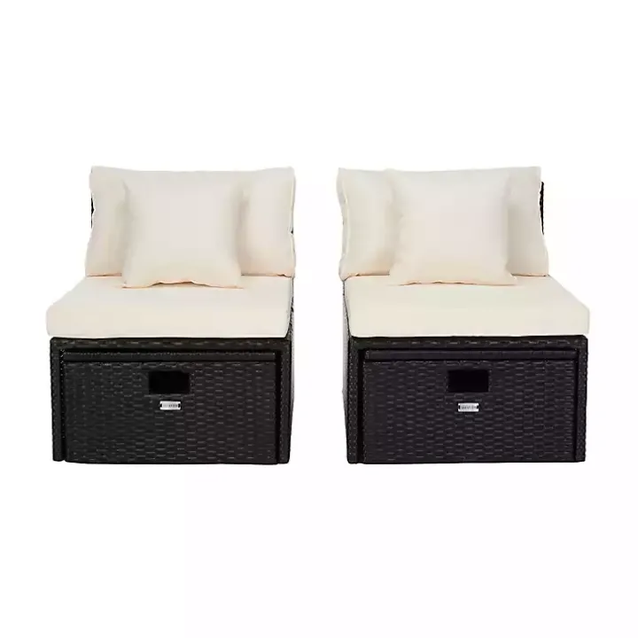 Black Wicker Chaises with Ottoman, Set of 2