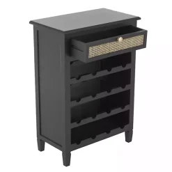 Black Wood & Natural Rattan Wine Bottle Cabinet