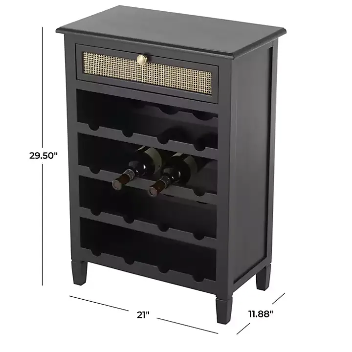 Black Wood & Natural Rattan Wine Bottle Cabinet