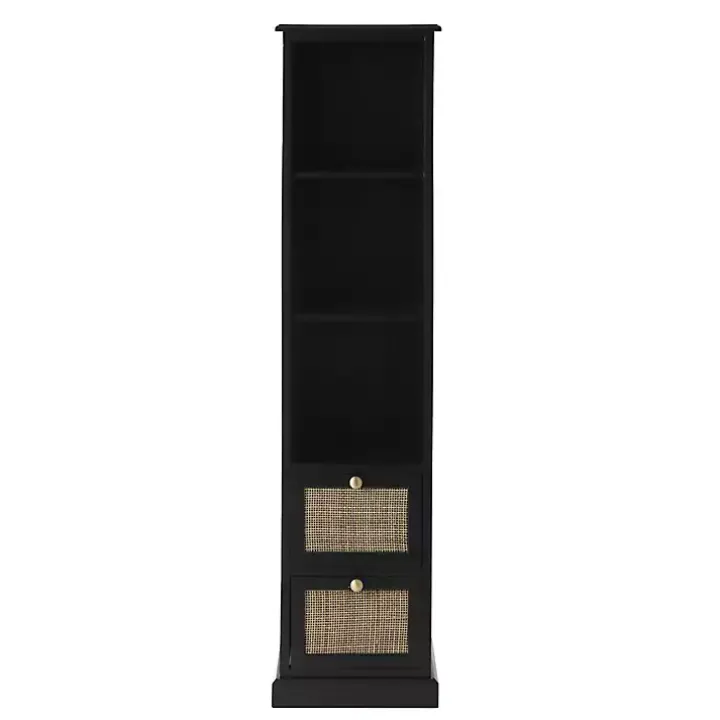 Black Wood and Rattan 3-Tier Bookcase