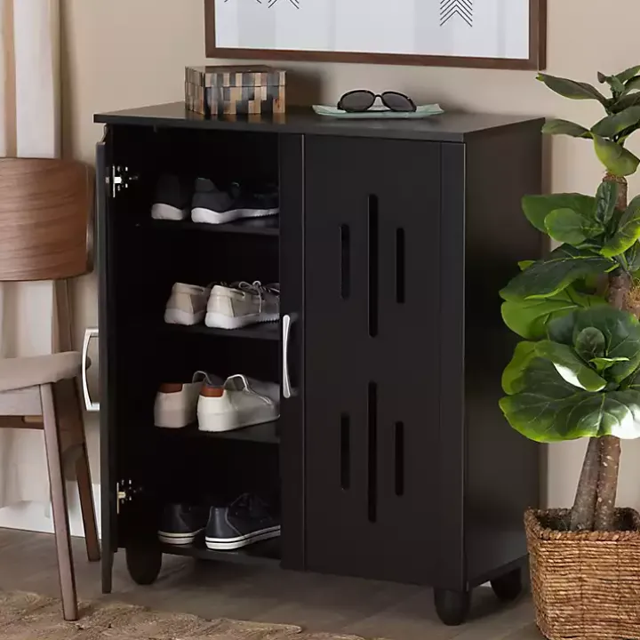 Black Wood Cut-Out Shoe Storage Cabinet