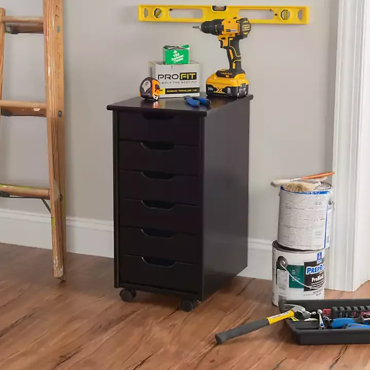 Black Wood 6-Drawer Cary Storage Cart