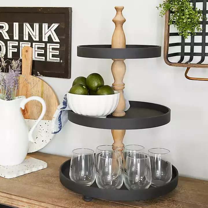 Black Wood 3-Tiered Decorative Tray