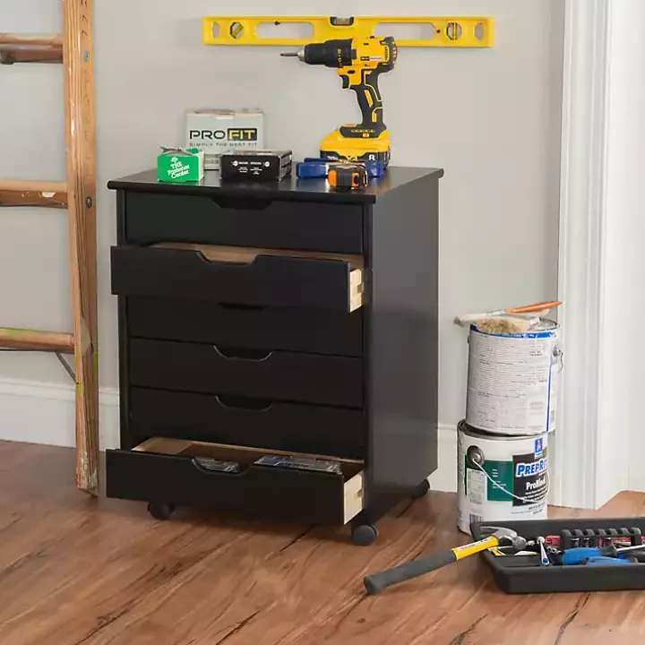 Black Wood Wide 6-Drawer Cary Storage Cart