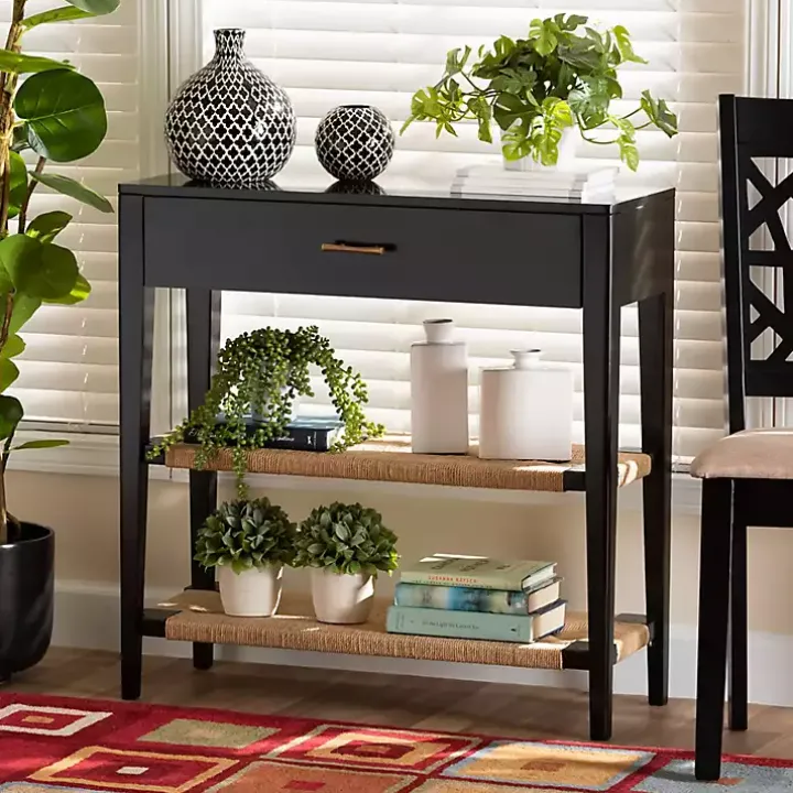 Black Wood Woven Shelves Console Table
