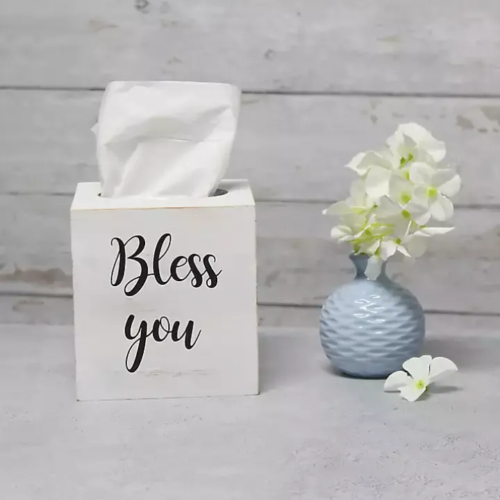 Bless You White Wood Tissue Box Cover
