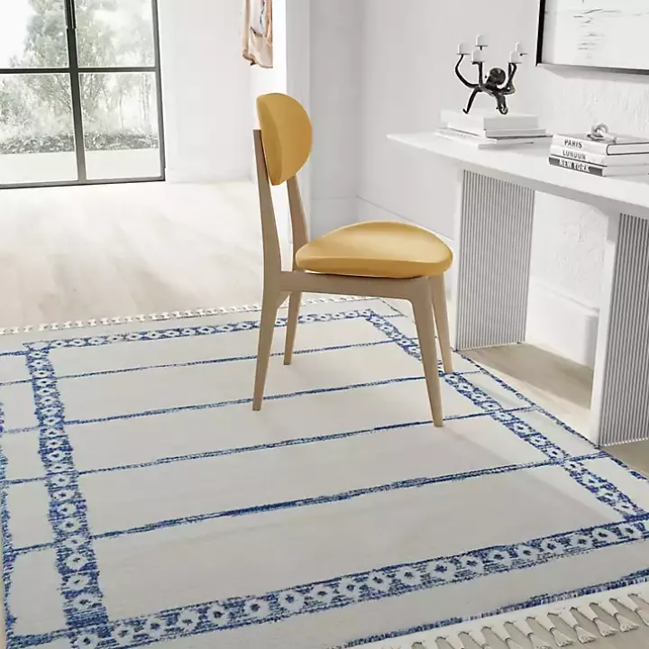Blue & White Striped Block Border Area Rug, 8x10