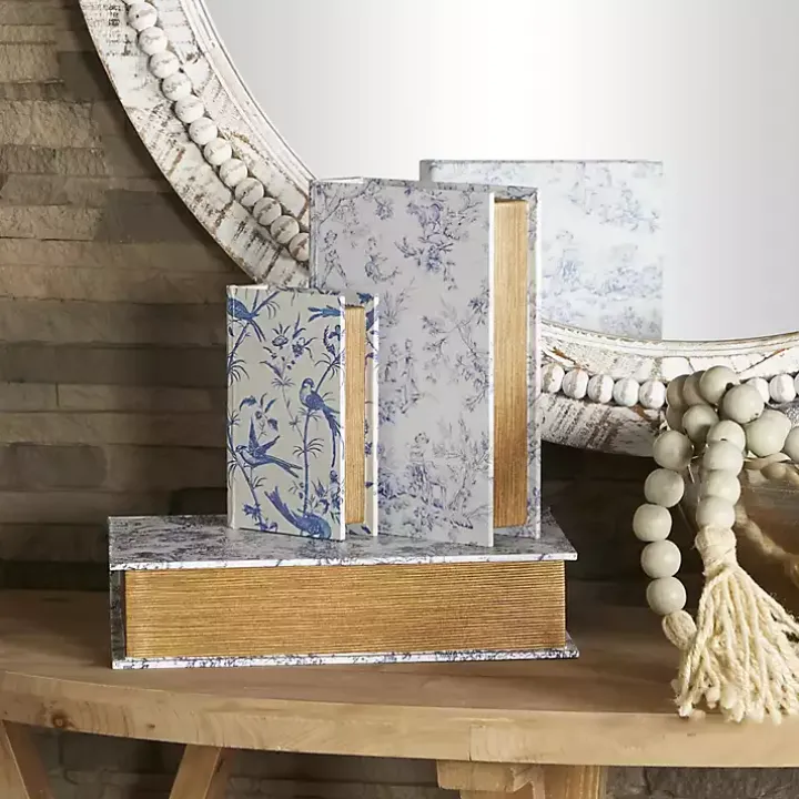 Blue & White Toile Canvas Book Boxes, Set of 3