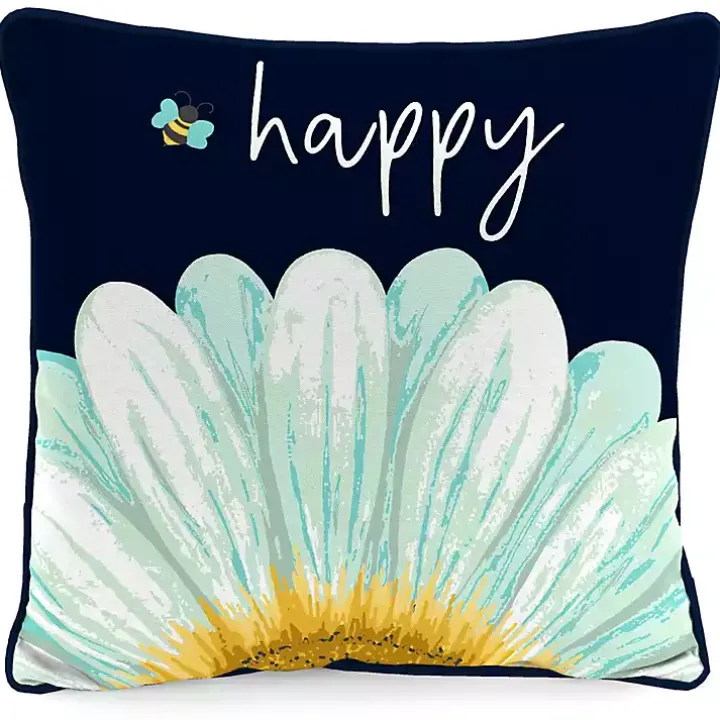 Blue & Yellow Bee Happy Outdoor Pillow