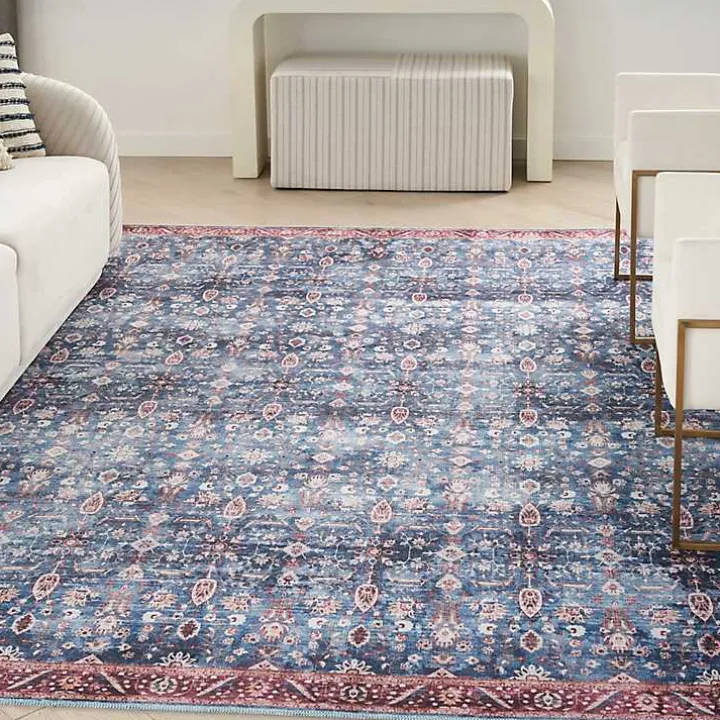 Blue and Brick Floral Washable Area Rug, 5x7