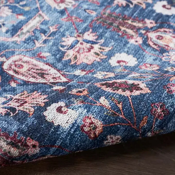 Blue and Brick Floral Washable Area Rug, 5x7
