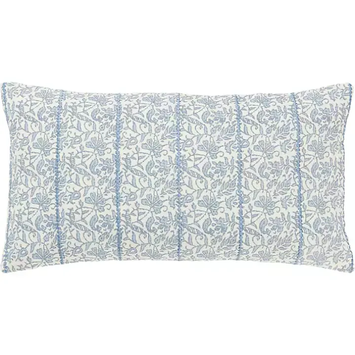 Blue and Ivory Floral Print Lumbar Pillow