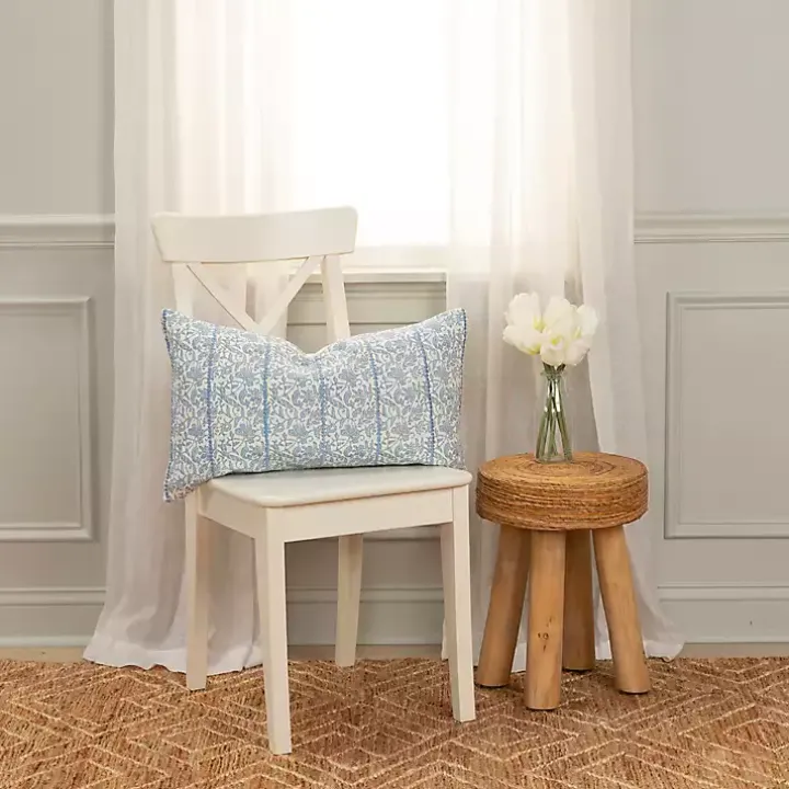 Blue and Ivory Floral Print Lumbar Pillow