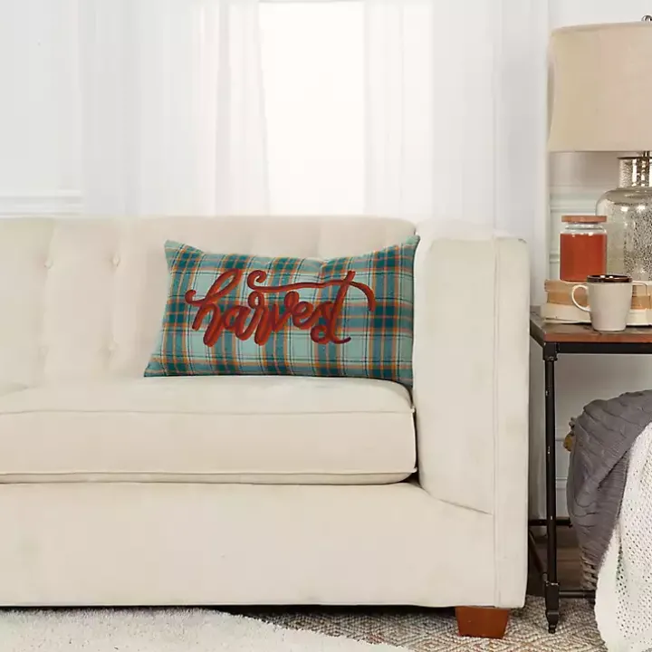 Blue and Orange Plaid Harvest Lumbar Pillow