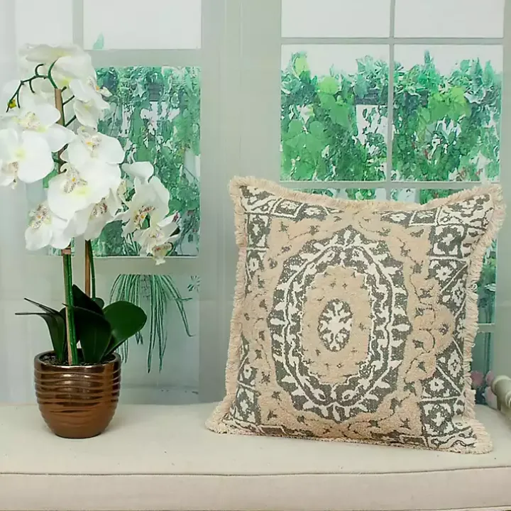 Blue and Tan Medallion Fringe Pillow