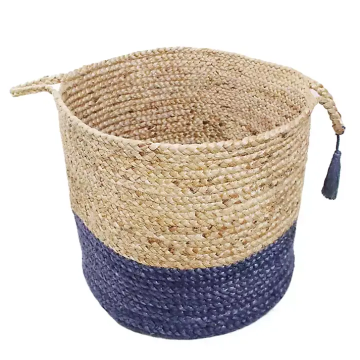 Blue and Tan Woven Jute Basket with Tassel, 17 in.