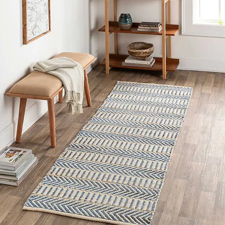 Blue and White Chevron Jute Runner, 2x8