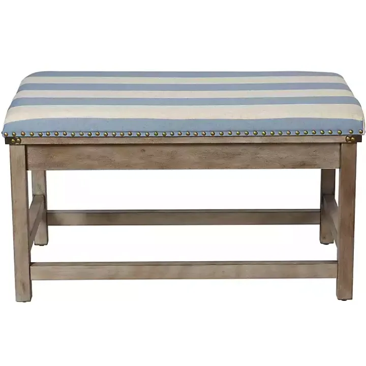 Blue and White Striped Upholstered Wood Bench