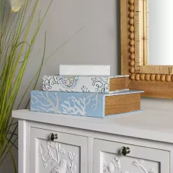 Blue Coastal Canvas Book Boxes, Set of 3
