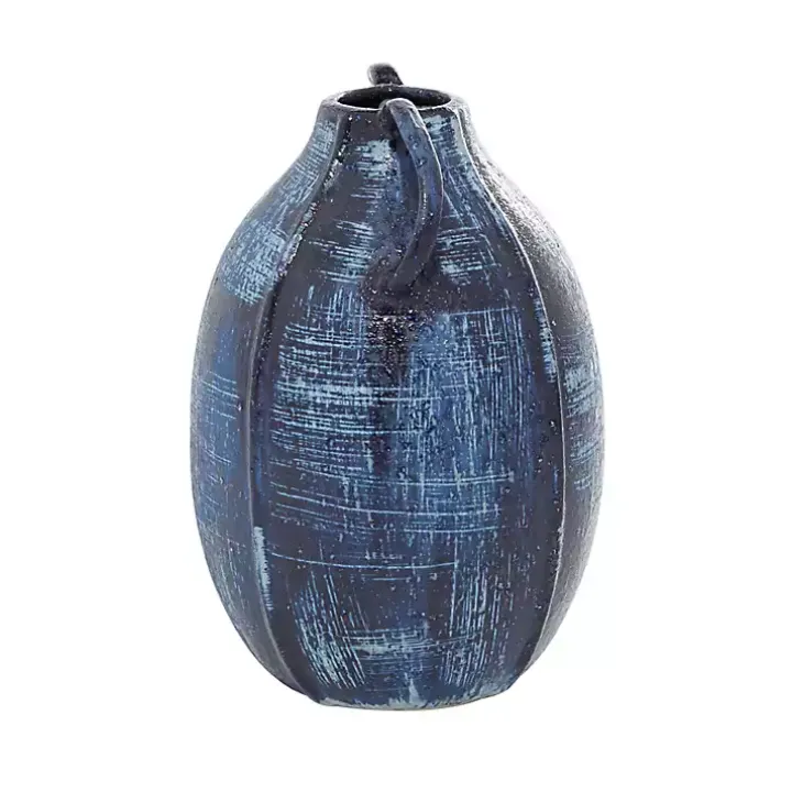 Blue Crosshatch Double Handle Ceramic Vase, 9 in.