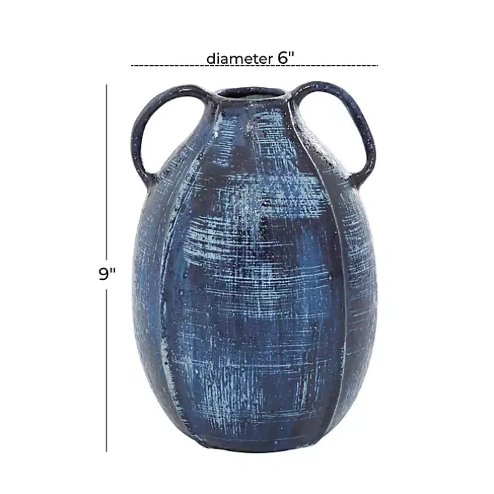 Blue Crosshatch Double Handle Ceramic Vase, 9 in.