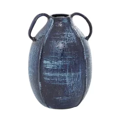 Blue Crosshatch Double Handle Ceramic Vase, 9 in.