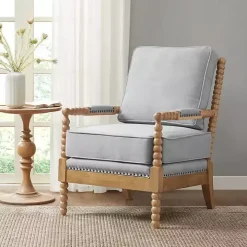 Blue Cushion Beaded Wood Frame Accent Chair
