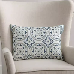 Blue Embroidered Medallion Lumbar Pillow