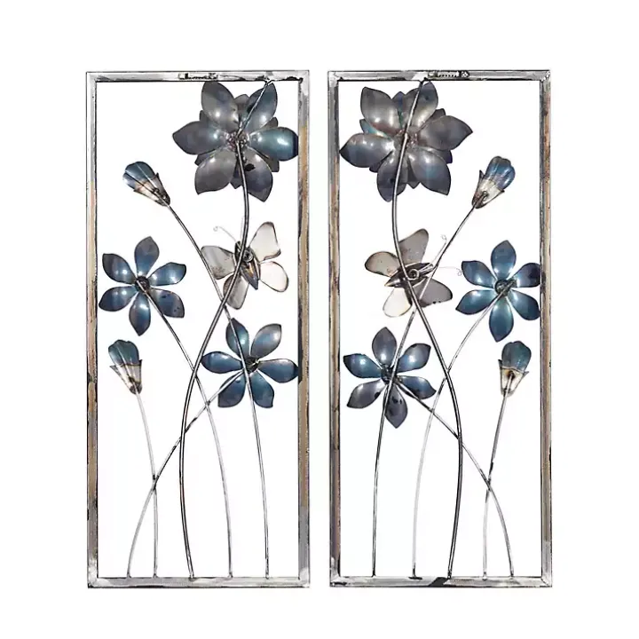 Blue Floral and Butterfly Wall Plaques, Set of 2