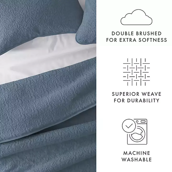Blue Floral Stitch 3-pc. Queen Quilt Set