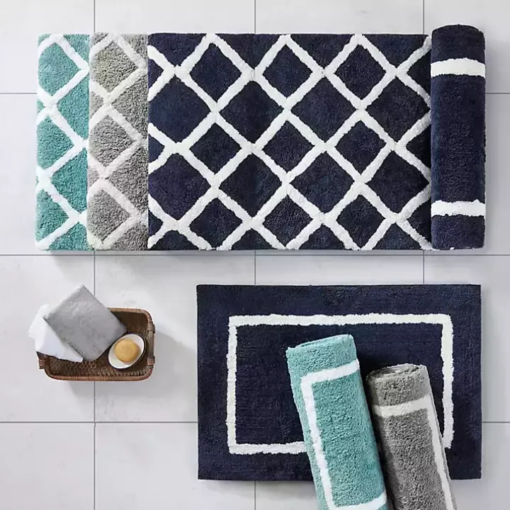 Blue Geometric Pattern Reversible Bath Mat, 34 in.