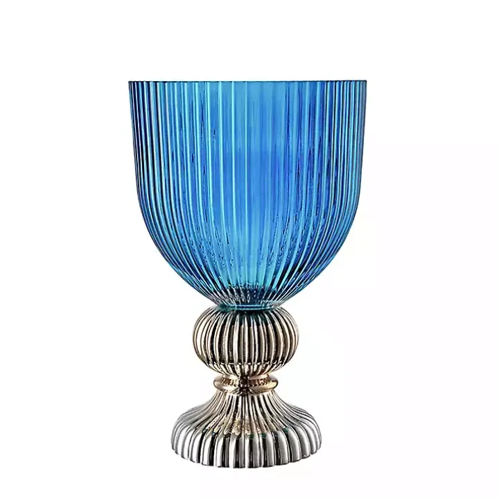 Blue Glass Vase with Silver Pedestal Base, 16 in.