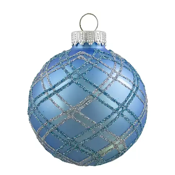Blue Glitter Plaid Glass Ornaments, Set of 4