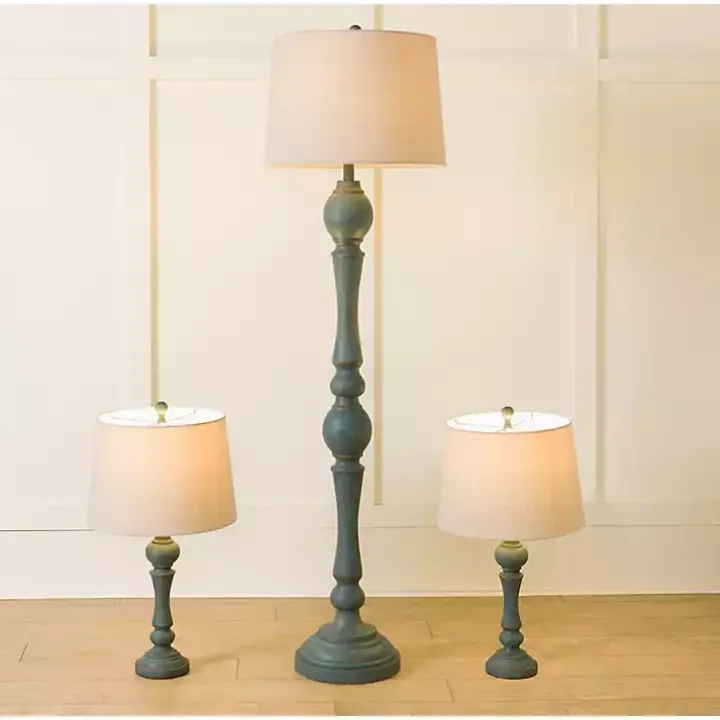 Blue Green Distressed Set of Three Lamps