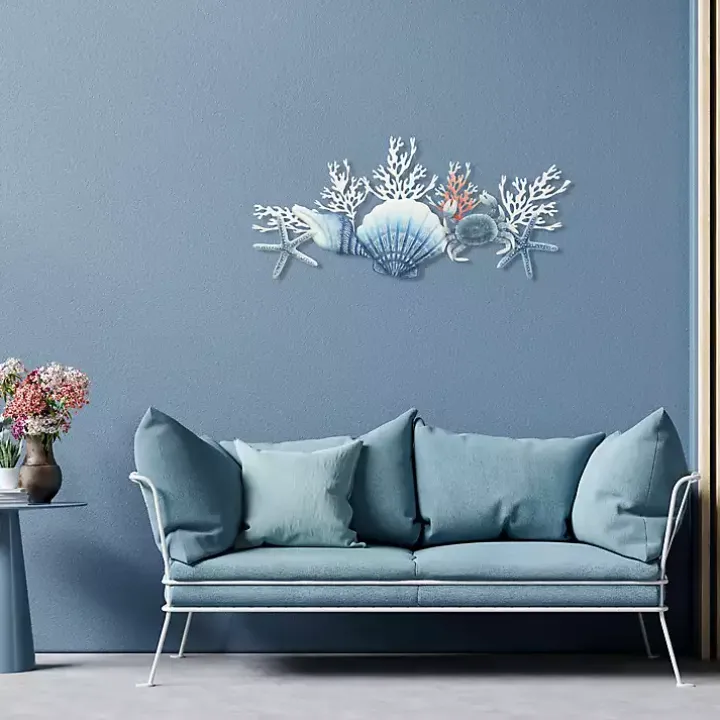 Blue Metal Coral and Shell Wall Plaque